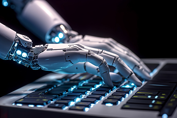 Roboterhände tippen auf einem Laptop