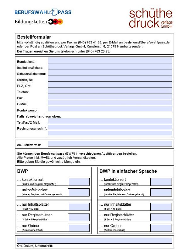 Bestellformular für den Berufswahlpass