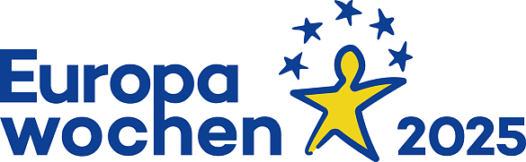 Blaues Logo Europawochen mit gelber Figur und Jahreszahl
