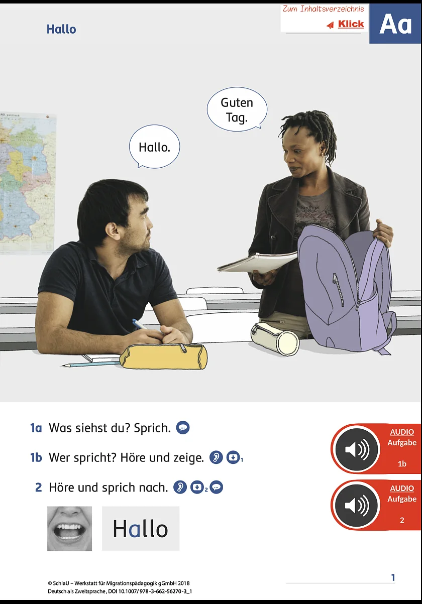 Zwei Personen die sich unterhalten, Audiohilfen auf dem Arbeitsblatt vorhanden