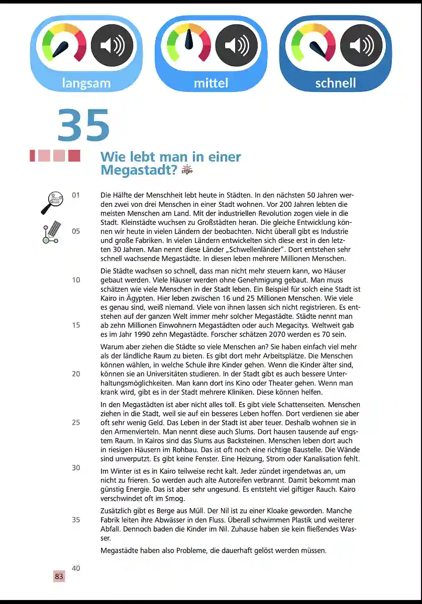 Text Wie lebt man in einer Megastadt, Es gibt die Möglichkeit den Text in verschiedenen Geschwindigkeiten anzuhören