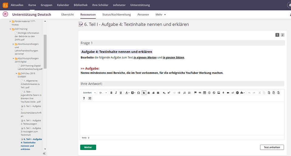 Aufgabe Itslearning: Textinhalte nennen und erklären