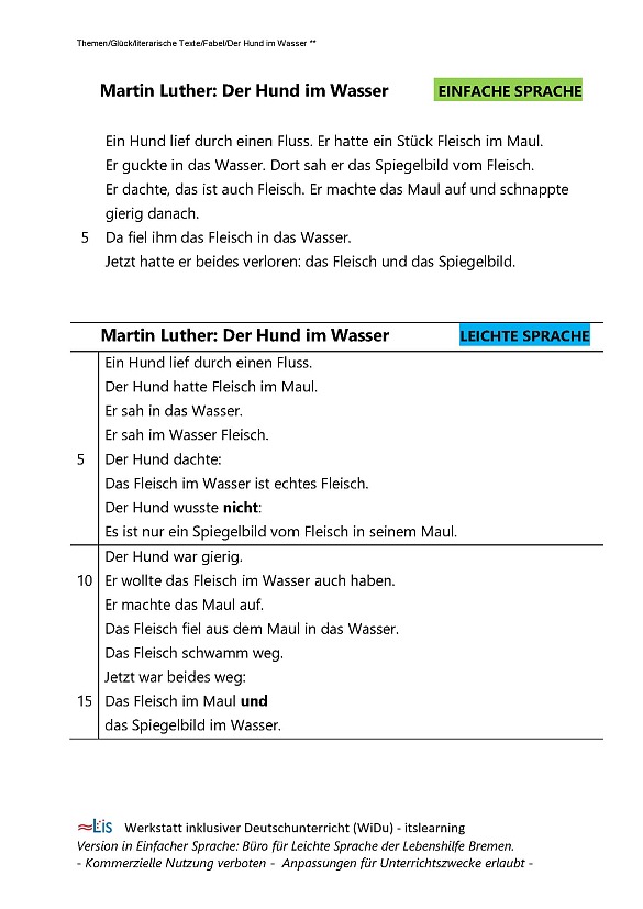 Gedicht Version in Einfacher Sprache und in Leichter Sprache der Lebenshilfe Bremen