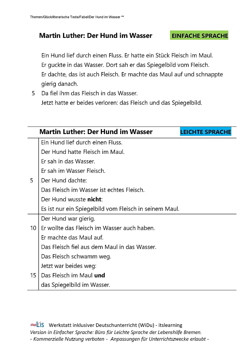 Gedicht Version in Einfacher Sprache und in Leichter Sprache der Lebenshilfe Bremen