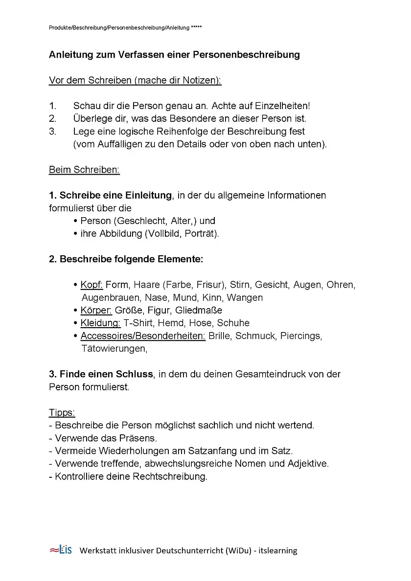 Anleitung zum Verfassen einer Personenbeschreibung