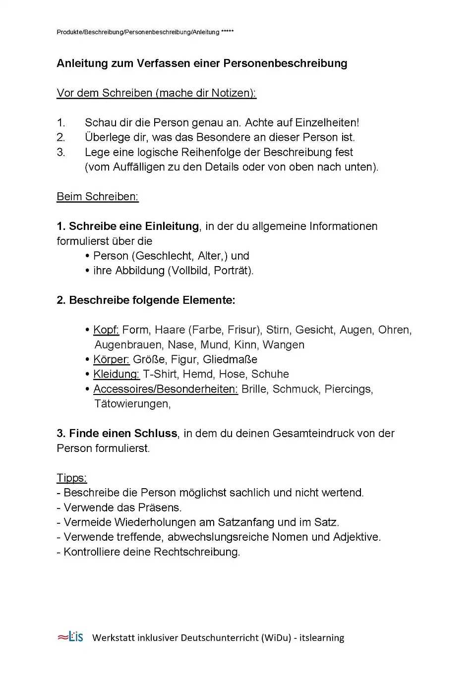 Anleitung zum Verfassen einer Personenbeschreibung