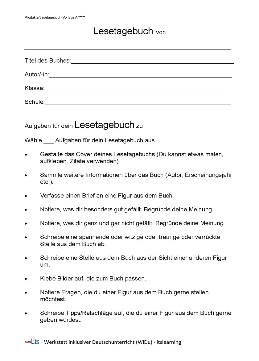 Mustervorlage Lesetagebuchgestaltung