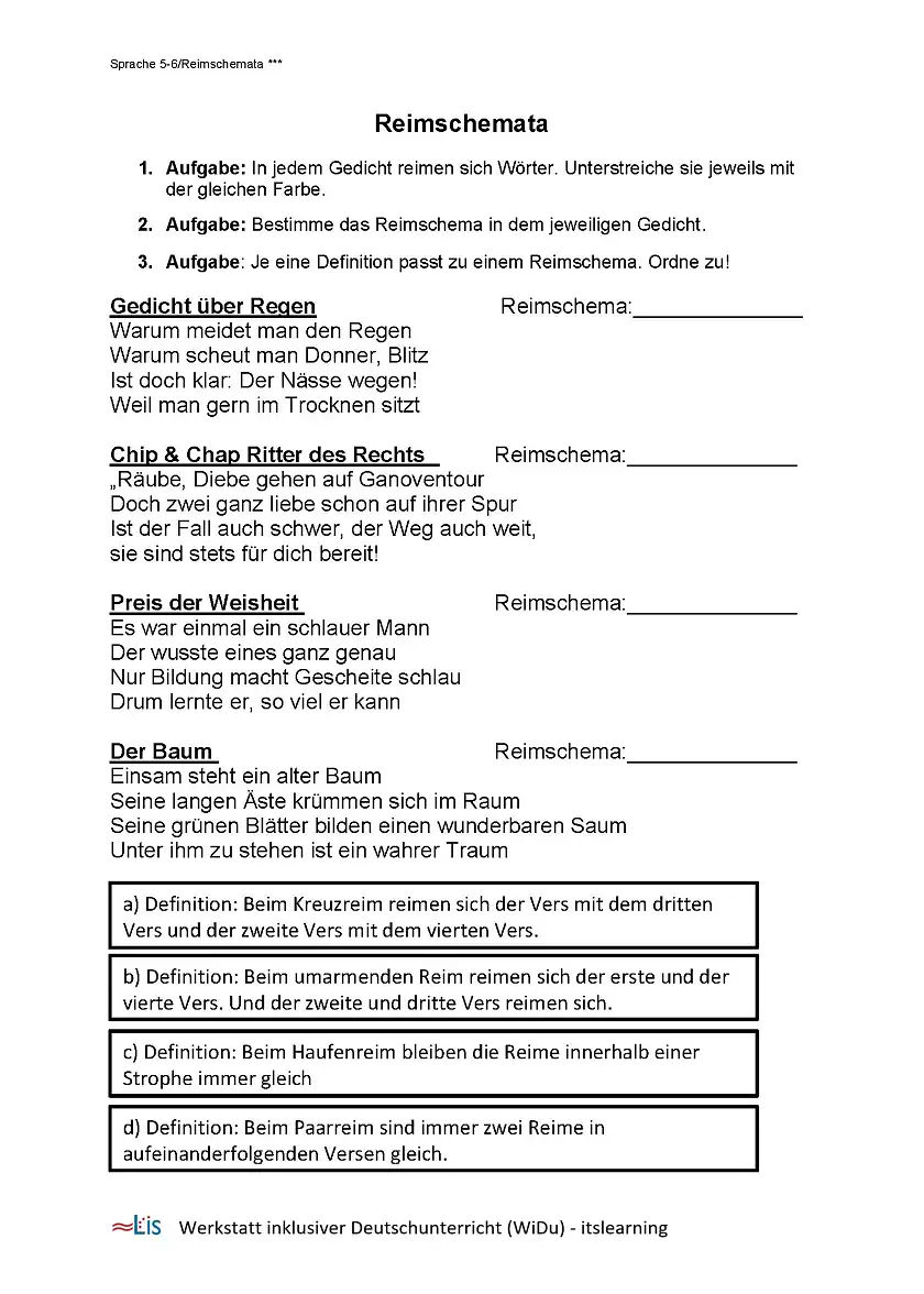 Aufgabe zum Zuordnen von Reimschematas