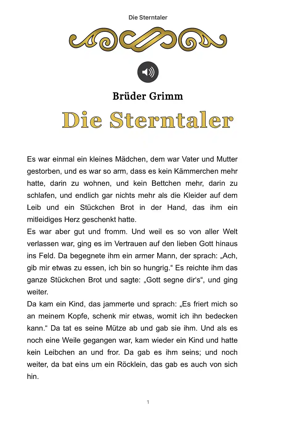 Märchen: Die Sterntaler von Brüder Grimm