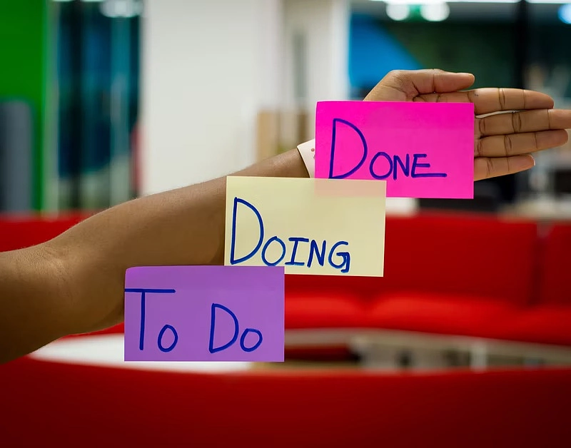 Ein alter Zettelkasten mit den Worten to do, doing und done