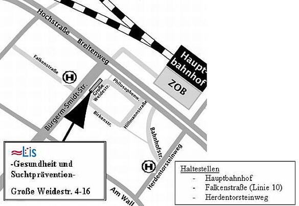 Stadtplanausschnitt der Bahnhofsvorstadt mit dem Dienstgebäude zwischen der Gr. Weidestraße und der Bürgermeister-Smidt-Straße