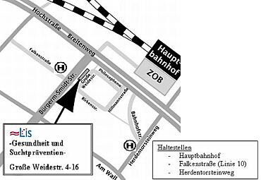 Stadtplanausschnitt der Bahnhofsvorstadt mit dem Dienstgebäude zwischen der Gr. Weidestraße und der Bürgermeister-Smidt-Straße