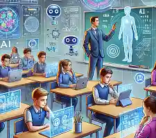 Symbolbild: Eine menschliche KI unterrichtet Schüler:innen