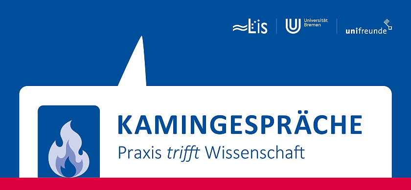 Bildmarke mit einem Kaminfeuer und der Aufschrift: Kamingespräche – Praxis trifft Wissenschaft
