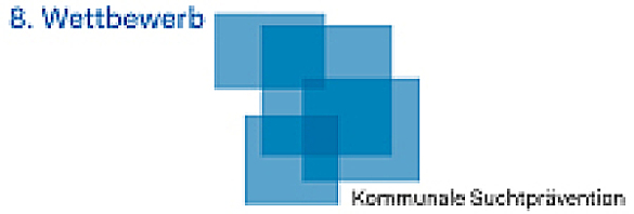 Logo des Wettbewerbs, quadratische blaue Formen mit Schriftzügen