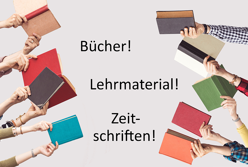 ausgestreckte Hände mit Büchern und dem Schriftzug: Bücher! Lehrmaterial! Zeitschriften!