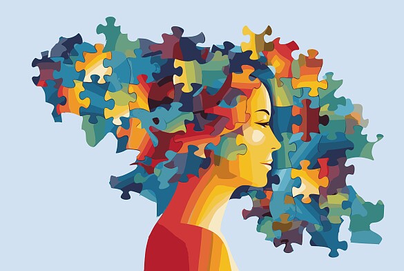 Frau mit Haarfrisur, die aus Puzzleteilen besteht