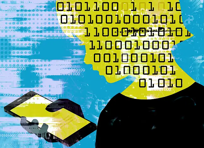 Silhouette eines Kindes mit einem Mobiltelefon, die von Nullen und Einsen gefüllt ist