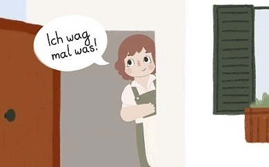 Haustür mit Mädchen und Sprechblase: Ich wag mal was!