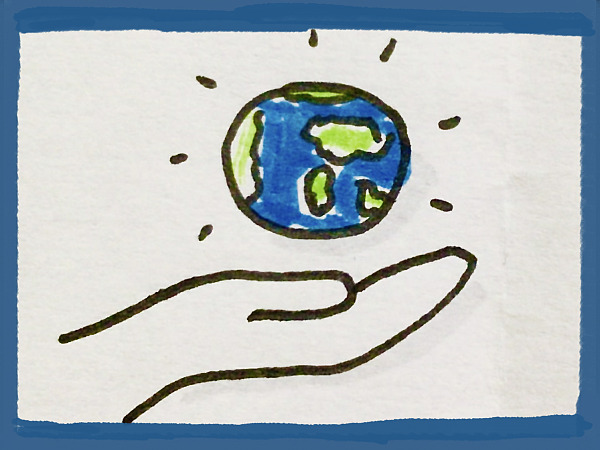 gemalte Hand mit Weltkugel