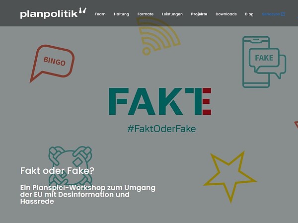 Planpolitik mit Titel Fakt oder Fake vor Online-Symbolen