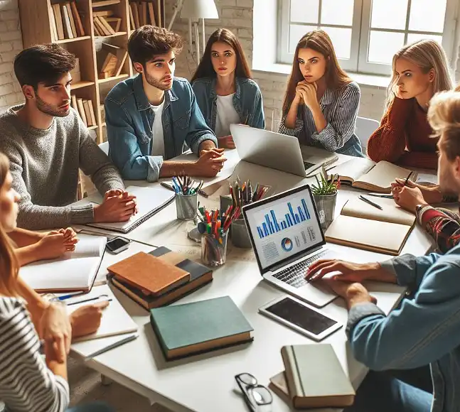 Symbolbild: Eine Gruppe junger Menschen sitzt um einen Tisch und diskutiert. 