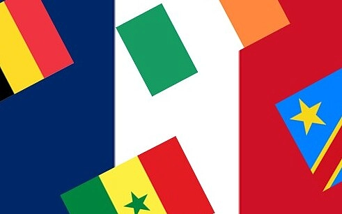 Collage aus den Flaggen Frankreichs, Belgiens, des Senegal und der DR Kongo