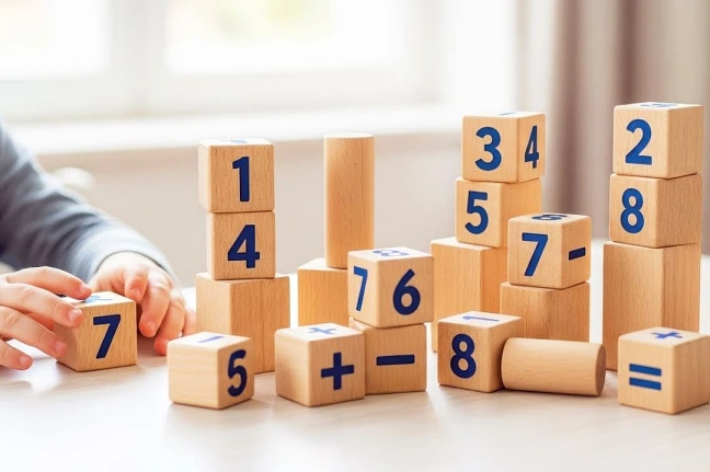 Kind spielt mit Holzklötzen, die mathematische Symbole zeigen