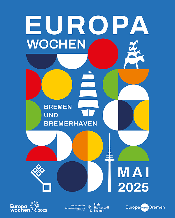 bunte Motive auf blauem Grund mit bremischem Bezug
