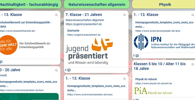 Ein Ausschnitt, der beispielhaft Wettbewerbe aus dem Bereich Naturwissenschaften zeigt. 