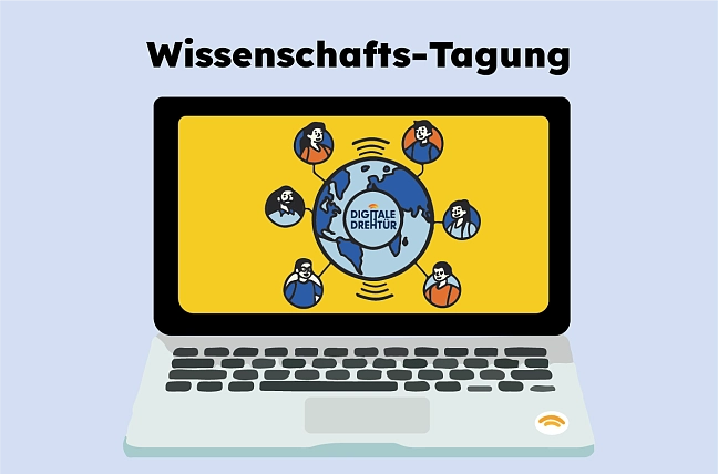 Logo des Fachtags: Ein gemalter Bildschirm, aus dem wissenschaftlich Interessante Themen wie Tiere oder Teleskope herausragen.