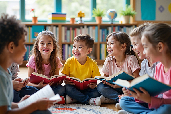 Kindergruppe liest in Büchern