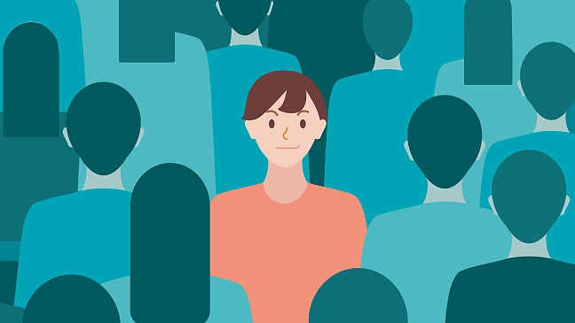 Zeichnung mit jungen Menschen, einer ist farblich hervorgehoben