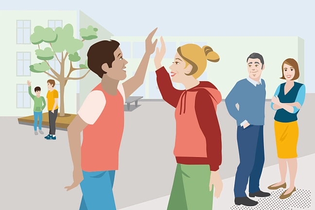 Offizielles Bild der LIONS Quest-Homepage, zwei Menschen begrüßen sich