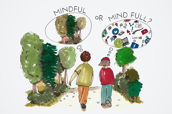 Personen gehen einen Weg entlang und haben sehr unterschiedliche Gedanken verbalisiert durch die Schriftzüge Mindful or Mind Full?