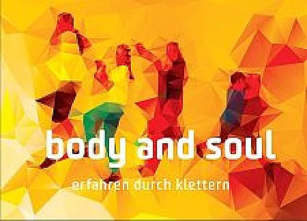 stilisierte Jungendliche an einer Kletterwand sowie der Schriftzug: body and soul - erfahren durch klettern
