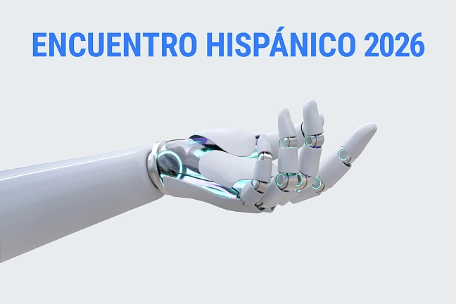 Robotikhand mit der Aufschrift Encuentro Hispanico 2026