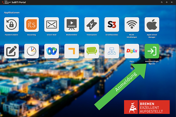 Startseite des Bremer SuBITI Portals mit hervorgehobenem Anmelde-Icon