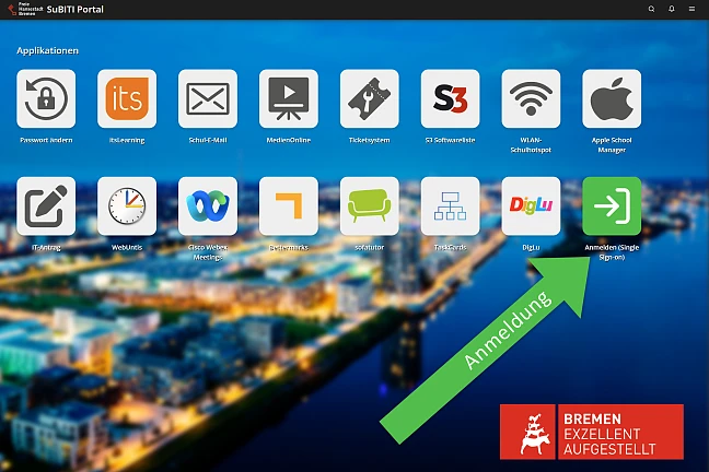 Startseite des Bremer SuBITI Portals mit hervorgehobenem Anmelde-Icon