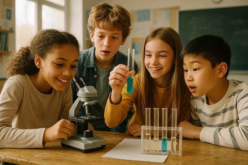 Mehrere Kinder stehen vor chemischen Geräten und blicken interessiert auf die Ergebnisse ihrer Arbeit