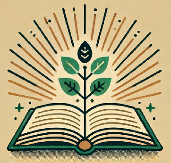 Ein gezeichnetes aufgeblättertes Buch, aus dessen Mitte ine Pflanze wächst