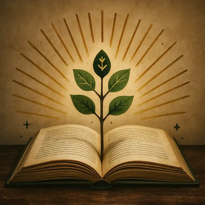 Ein gezeichnetes aufgeblättertes Buch, aus dessen Mitte ine Pflanze wächst