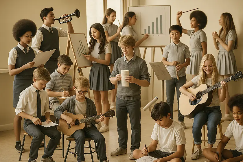 Eine Gruppe junger Menschen mit Musikinstrumenten