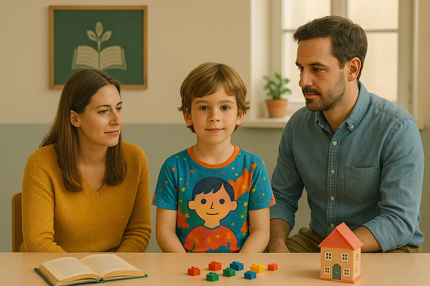 Ein in bunten Farben und im minimalistischen stil gezeichnetes Kind, das von zwei Erwachsenen umsorgt wird. 