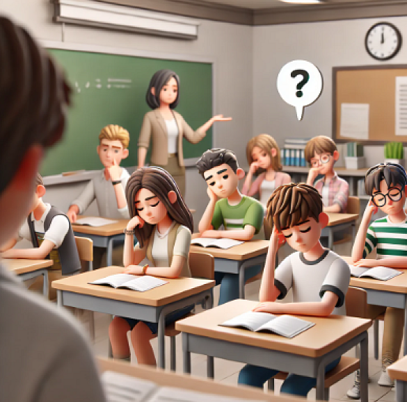 Schüler:innen in einem Klassenzimmer, die gelangweilt, uninteressiert oder überfordert wirken