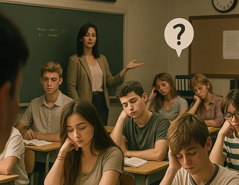 Schüler:innen in einem Klassenzimmer, die gelangweilt, uninteressiert oder überfordert wirken