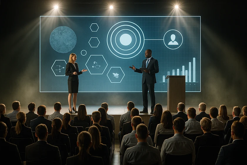 Personen im Rampenlicht auf einer Bühne, die Ergebnisse präsentieren. 