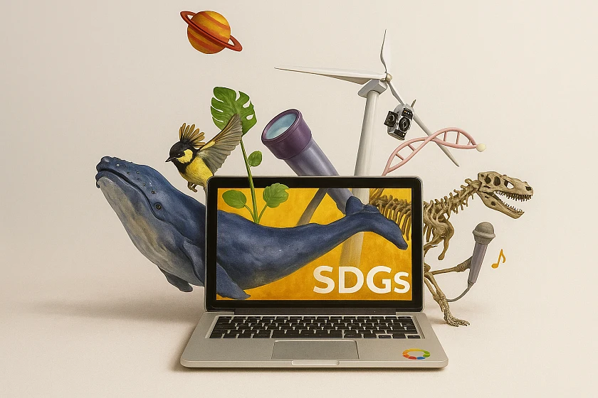 Ein gezeichneter Bildschirm, auf dem verschiedene Forschungsthemen zu sehen sind, die über den Bildschirm in die reale Welt hinausragen