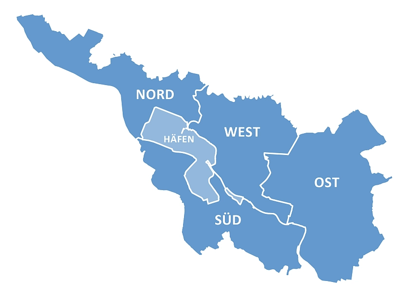 Umriss der Stadt Bremen mit Aufteilung nach Regionen von Nord bis Süd
