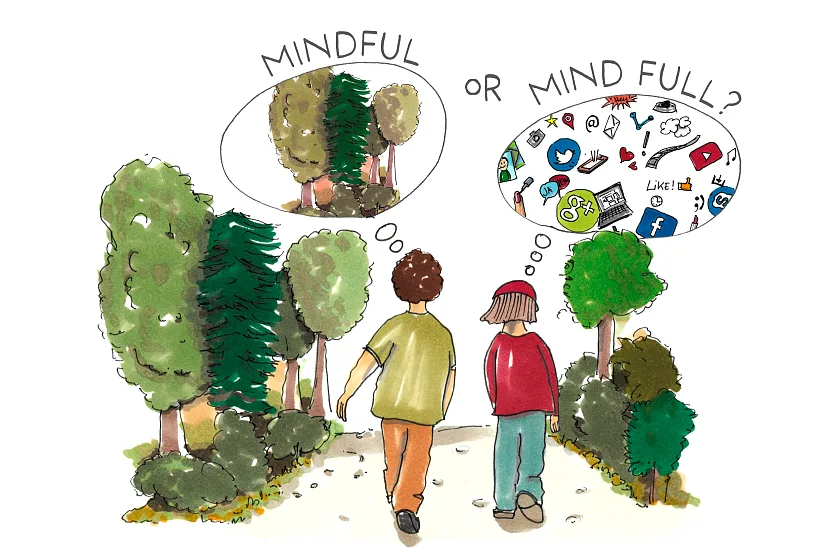 Zeichnung von zwei Kindern im Wald mit unterschiedlichen Gedanken